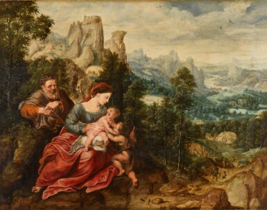 View full screen - View 1 of Lot 5. The Holy Family with the Infant Saint John the Baptist in an extensive landscape with travellers.