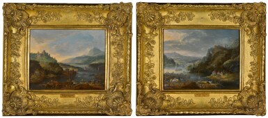 View full screen - View 1 of Lot 12. A view of the Rhine with a large castle on a hill; A view of the Rhine with travellers and a pack mule on a path.