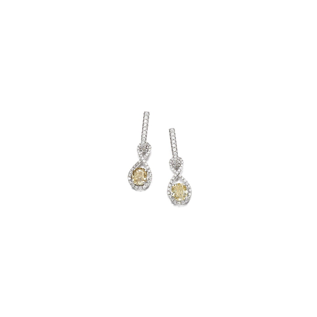 View full screen - View 1 of Lot 198. PAIR OF FANCY COLOURED DIAMOND AND DIAMOND EARRINGS.