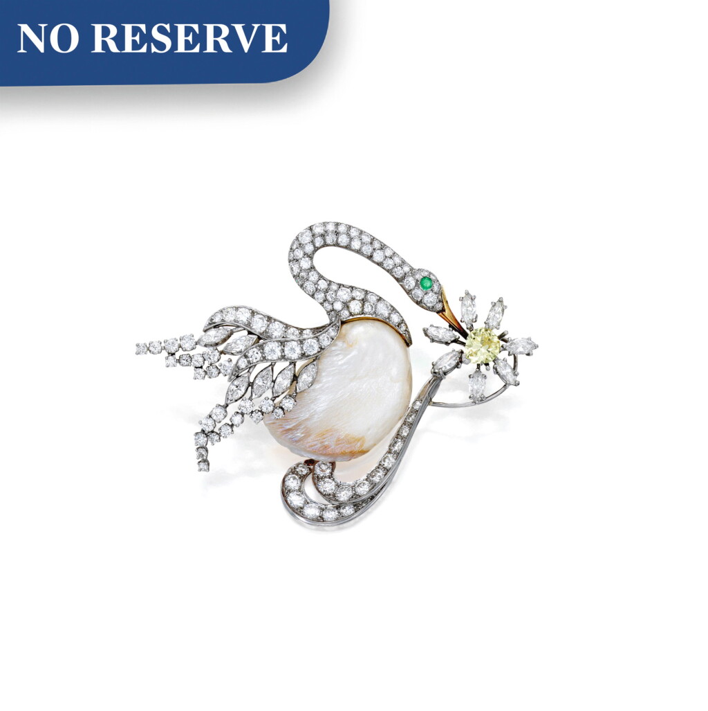 View full screen - View 1 of Lot 166. Freshwater Baroque Pearl, Diamond and Emerald Brooch.