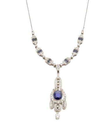 View full screen - View 1 of Lot 1039. Sapphire and diamond pendent necklace, circa 1916.