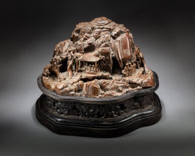 View full screen - View 1 of Lot 148. A rare and impressive hardwood with chenxiangmu inlaid 'literati' mountain, Qing dynasty, 18th-19th century | 清十八至十九世紀 硬木嵌沉香木人物故事大山子.