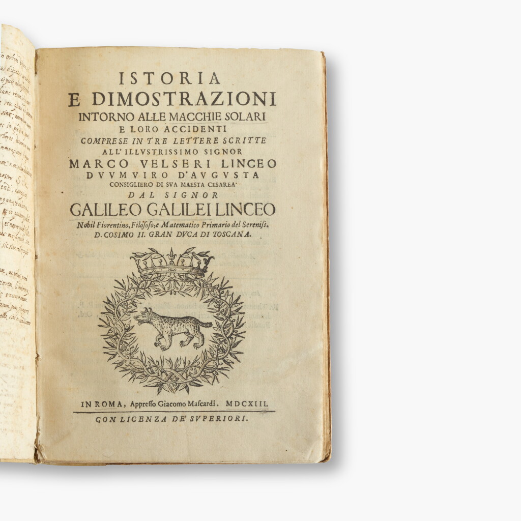 View full screen - View 1 of Lot 46. Galilei, Galileo | Istoria e dimostrazioni intorno alle macchie solari, Rome, 1613, first edition.