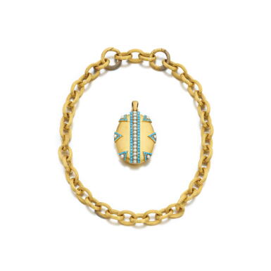 View full screen - View 1 of Lot 1129. Turquoise, half-pearl and diamond locket, circa 1870 and a chain, mid-19th century.
