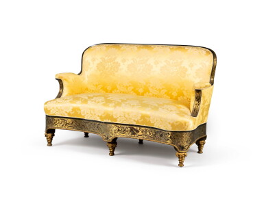 View full screen - View 1 of Lot 159. A Napoléon III tortoiseshell and gilt-brass Boulle marquetry sofa | Canapé en marqueterie Boulle d'écaille et de laiton doré d'époque Napoléon III.