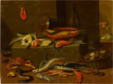 View full screen - View 1 of Lot 361. Still life of assorted fish on a stone ledge with a cat behind.