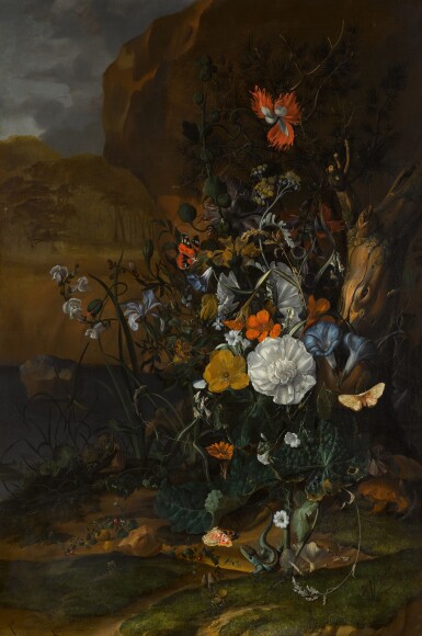 View full screen - View 1 of Lot 5. Still life of flowers, with butterflies, insects, a lizard and toads, beside a pool.