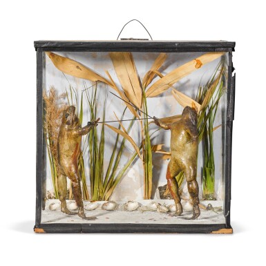 View full screen - View 1 of Lot 3. A Victorian taxidermy tableau of two toads engaged in a duel, late 19th century.