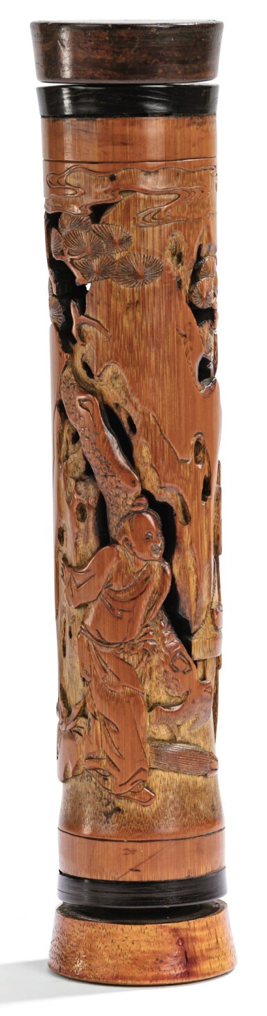 View full screen - View 1 of Lot 37. PARFUMIER EN BAMBOU SCULPTÉ DYNASTIE QING, XVIIIE SIÈCLE | 清十八世紀 竹雕人物故事圖香筒 | A carved and reticulated bamboo parfumier, Qing Dynasty, 18th century .