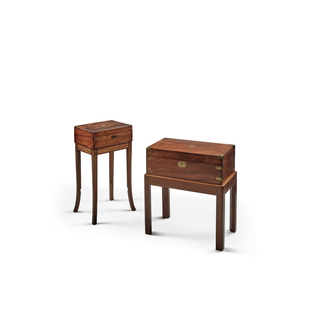View full screen - View 1 of Lot 111. An English Walnut and Brass Writing Box on Stand, 19th Century, together with another larger Walnut Captain's Box, early 20th Century, on a modern walnut stand.