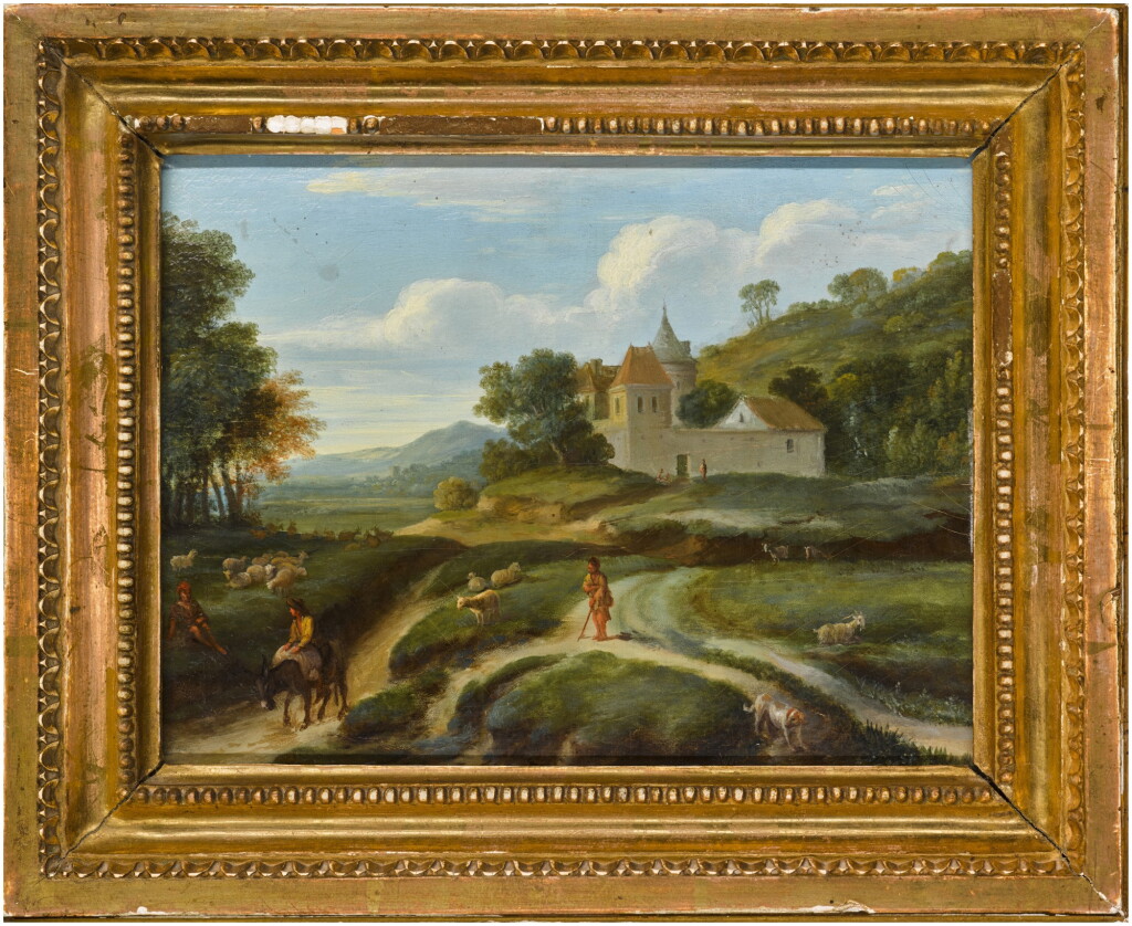 View full screen - View 1 of Lot 104. A landscape with sheep and drovers by a castle.
