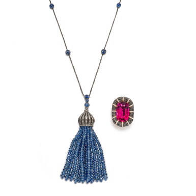 View full screen - View 1 of Lot 2928. Rubellite and Diamond Ring; and Sapphire and Diamond Pendent Necklace | 紅寶碧璽 配 鑽石戒指; 及 藍寶石 配 鑽石 項鏈.