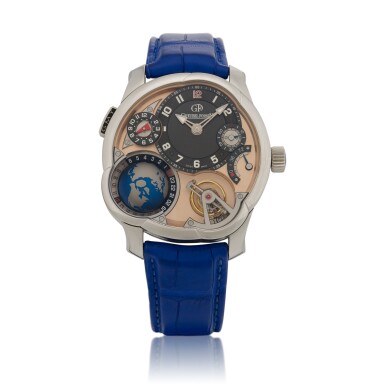 View full screen - View 1 of Lot 29. GMT, Limited edition platinum 25° inclined 24-seconds tourbillon, world time and dual time zone wristwatch with power reserve indication and three-dimensional globe Circa 2013 | 「GMT」限量版鉑金25度傾斜24秒陀飛輪、世界時間及兩地時間腕錶,備動力儲存顯示及立體地球儀,約2013年製.