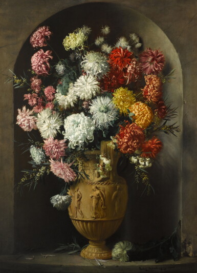 View full screen - View 1 of Lot 66. Chrysanthemums in a Roman Vase.