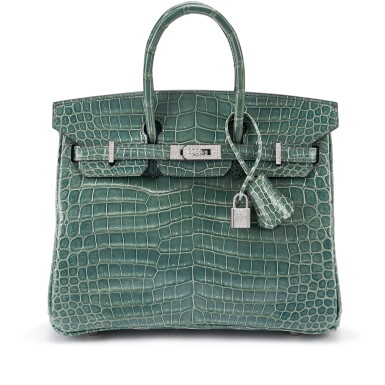 View full screen - View 1 of Lot 126. Bleu Jean Shiny Porosus Crocodile Birkin 25 18K White Gold and Diamond Hardware, 2006.