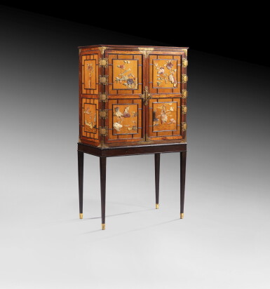 View full screen - View 1 of Lot 36. A George III Chinese soapstone-mounted cabinet, circa 1765, possibly by Mayhew and Ince, the Chinese soapstone-mounted panels, Qing Dynasty | Cabinet George III, vers 1765, probablement par Mayhew and Ince, monté de panneaux ornés de pierres, Chine, Dynastie Qing.
