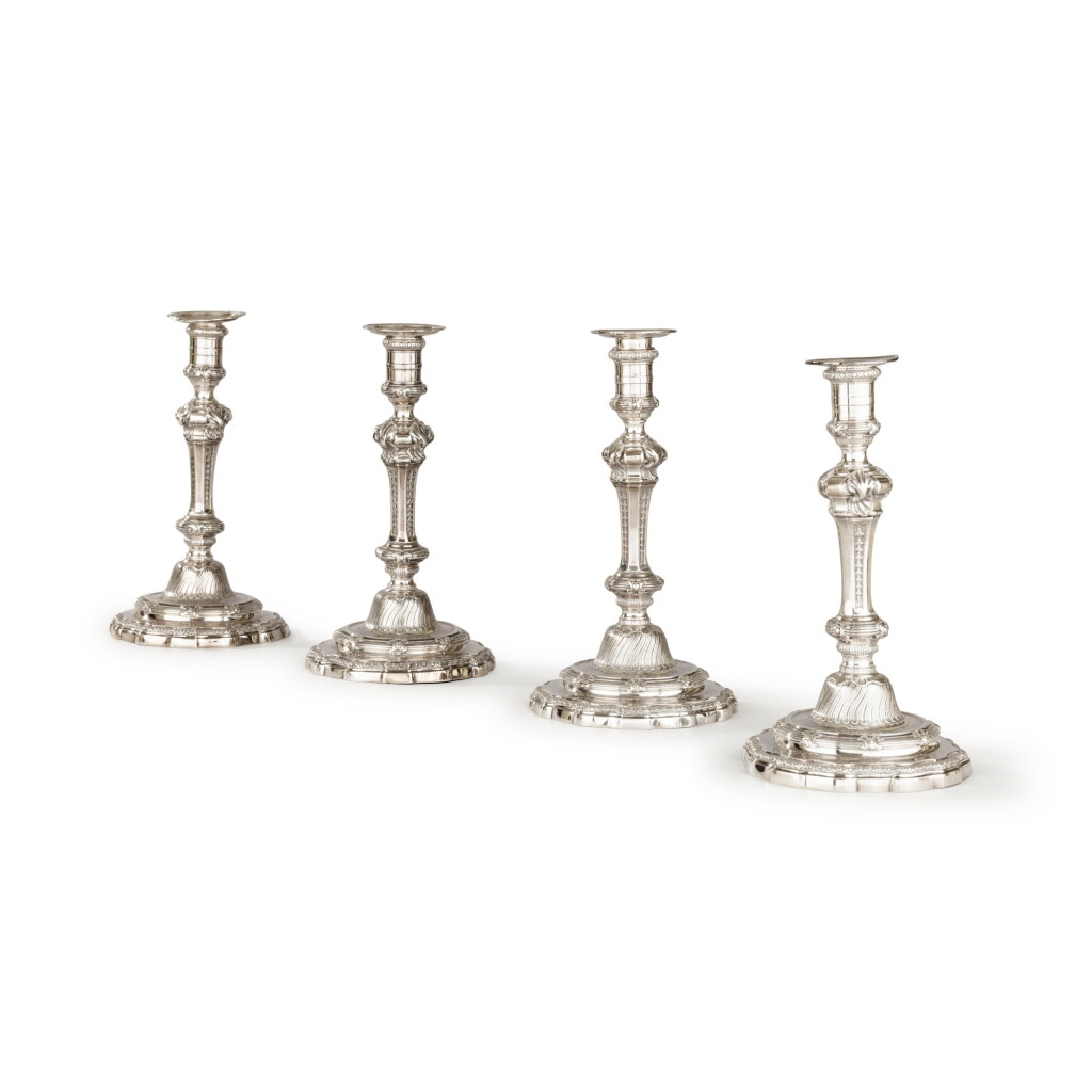 View full screen - View 1 of Lot 93. A set of four Louis XV silver candlesticks, two by Alexis Loir, 1746 and 1751, two by Jean-François Balzac, one 1763 and one 1769.