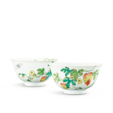 View full screen - View 1 of Lot 3642. A pair of famille-rose 'balsam pear' bowls, Seal marks and period of Qianlong | 清乾隆 粉彩過枝癩瓜紋盌一對 《大清乾隆年製》款.