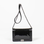 CHANEL | BLACK PATENT QUILTED LEATHER BOY REVERSO WALLET ON CHAIN WITH BRUSHED PALLADIUM HARDWARE