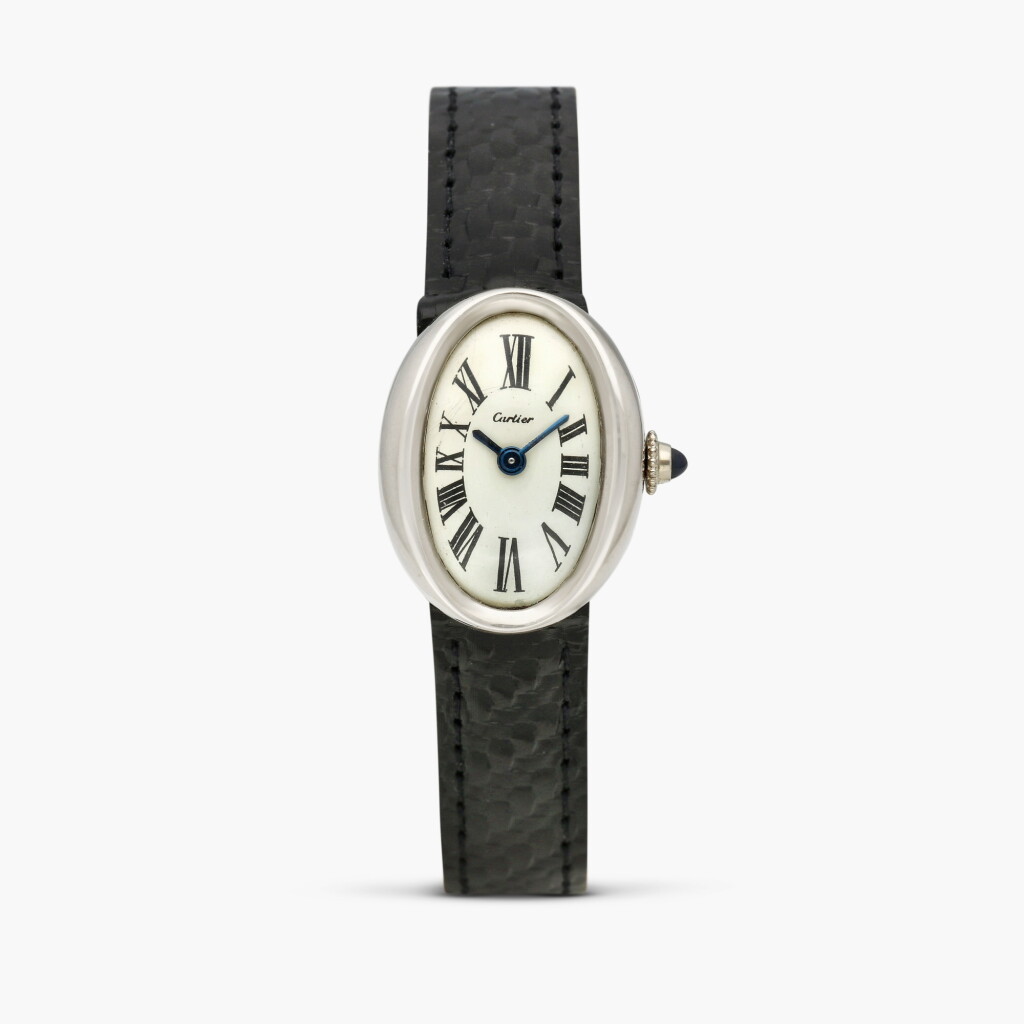 View full screen - View 1 of Lot 2428. Baignoire | A rare white gold lady’s oval wristwatch with original white and pink gold deployant buckle, Circa 1968-69 .