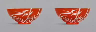 View full screen - View 1 of Lot 12. A PAIR OF CORAL-GROUND REVERSE-DECORATED 'BAMBOO' BOWLS, QIANLONG SEAL MARKS AND PERIOD | 清乾隆 珊瑚紅地留白竹紋盌一對 《大清乾隆年製》款.