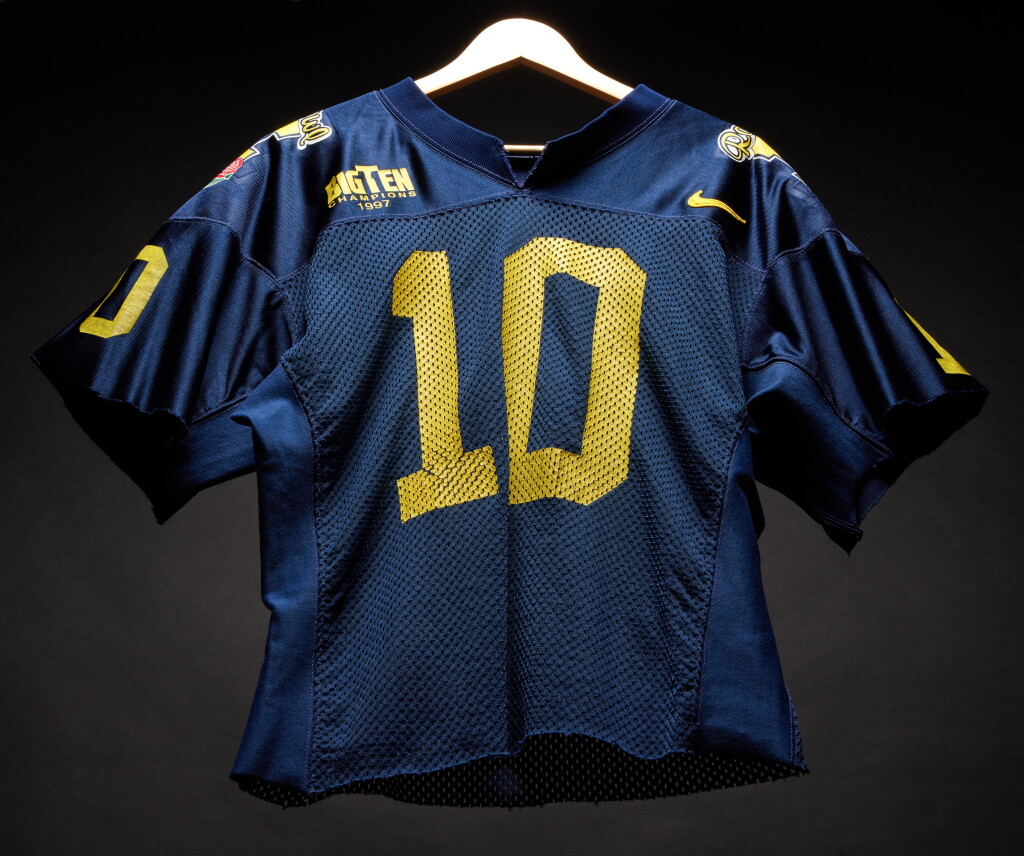 View full screen - View 1 of Lot 25. Tom Brady University of Michigan AP National Championship Clinching Game Worn Jersey | 1998 Rose Bowl.