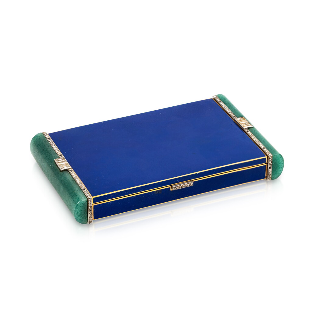 View full screen - View 1 of Lot 1051. A diamond-set gold, nephrite and enamel Art Déco vanity case, Boucheron, Paris, with London import marks, 1929.