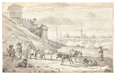 View full screen - View 1 of Lot 132. Traders and their laden donkeys resting outside an Italian riverside town.