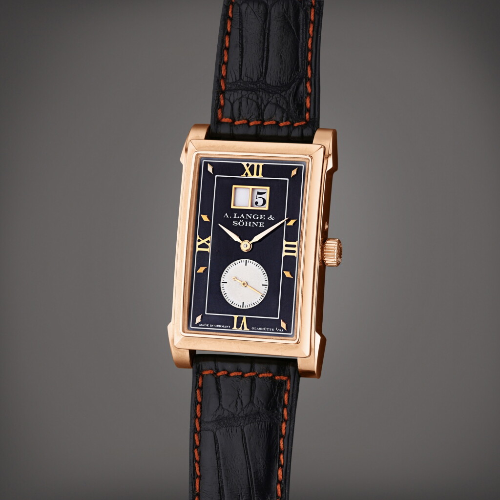 View full screen - View 1 of Lot 212. Reference 107.031 Cabaret | A pink gold rectangular wristwatch with date, Circa 1997.