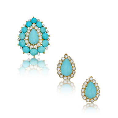 View full screen - View 1 of Lot 215. Gold, Turquoise and Diamond Clip-Brooch and Pair of Earclips.