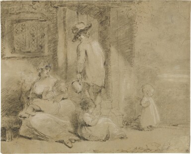 View full screen - View 1 of Lot 182. A rustic family outside a cottage.