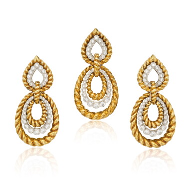 View full screen - View 1 of Lot 62. Three Gold and Diamond Pendant-Earclips.