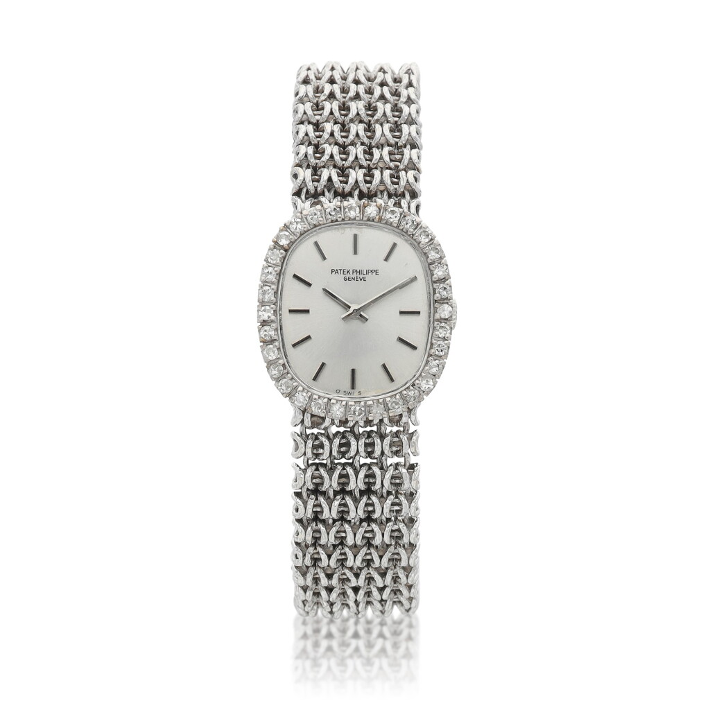 View full screen - View 1 of Lot 8069. Golden Ellipse, Reference 4201 | A white gold and diamond-set bracelet watch, Circa 1970 | 百達翡麗 Golden Ellipse 型號4201 | 白金鑲鑽石鏈帶腕錶,約1970年製.