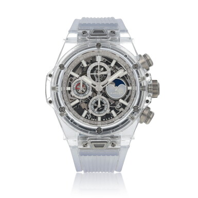 View full screen - View 1 of Lot 567. Big Bang Unico, Ref. 406.JX.0120.RT Limited edition sapphire perpetual calendar wristwatch with chronograph Circa 2017.