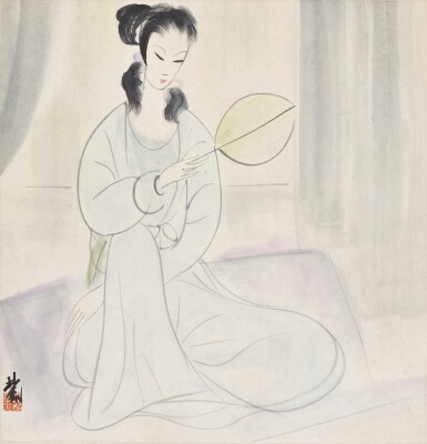 View full screen - View 1 of Lot 97. Lin Fengmian (1900-1991) Lady with a Fan | 林風眠 (1900-1991年) 《持扇仕女》 設色紙本 鏡框.