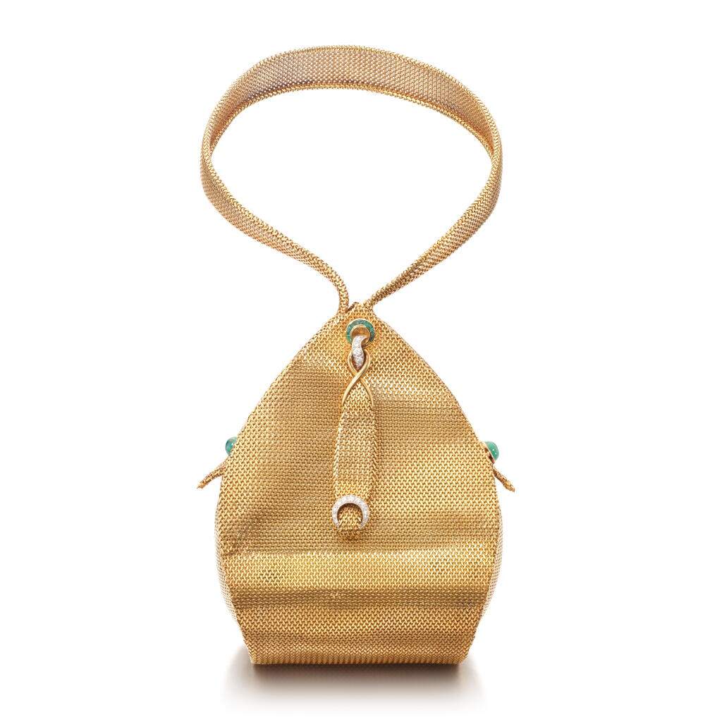 View full screen - View 1 of Lot 1100. Gold, emerald and diamond evening bag, circa 1960.