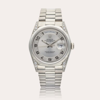 View full screen - View 1 of Lot 590. Reference 18296 Day-Date | A platinum and diamond-set automatic wristwatch with day, date and bracelet, Circa 1995.