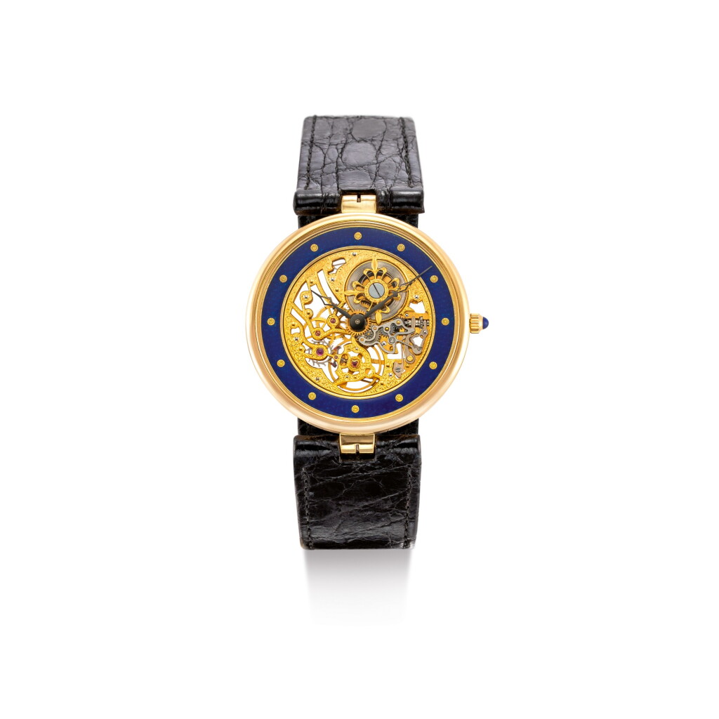 View full screen - View 1 of Lot 2101. PATEK PHILIPPE | REFERENCE 3885, A YELLOW GOLD AND ENAMEL SKELETONIZED WRISTWATCH, CIRCA 1991 | 百達翡麗 | 型號3885 黃金鑲琺瑯鏤空腕錶,機芯編號1389273,錶殼編號2300762,約1991年製.