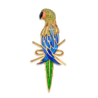View full screen - View 1 of Lot 321. Enamel, Peridot, Coral and Ruby Clip-Brooch, France.