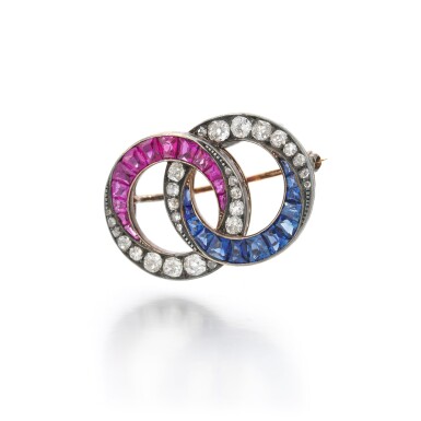 View full screen - View 1 of Lot 49. Pink sapphire, sapphire and diamond brooch (Spilla in zaffiri rosa, zaffiri e diamanti).