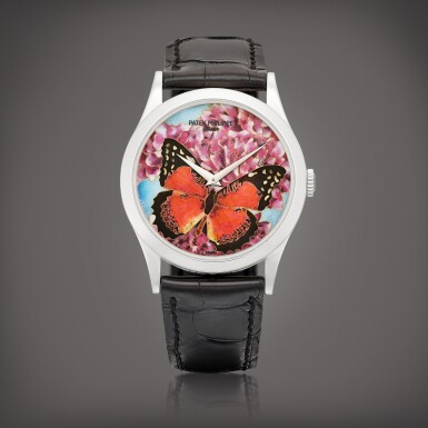 View full screen - View 1 of Lot 2269. Papillon, Reference 5077 | A limited edition platinum wristwatch with cloisonné enamel dial by Anita Porchet, Circa 2009 | 百達翡麗 | PAPILLON 型號5077 | 限量版鉑金腕錶,備 ANITA PORCHET 繪製的掐絲琺瑯錶盤,約2009年製.