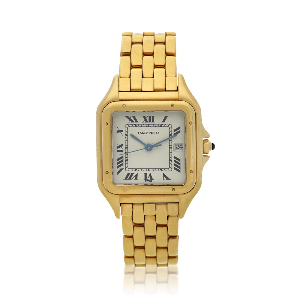 View full screen - View 1 of Lot 71. Panthere A yellow gold square shaped wristwatch with date and bracelet, Circa 2005.