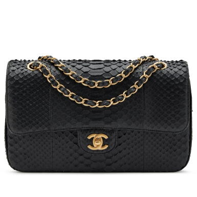 View full screen - View 1 of Lot 91. Black Python Medium Classic Double Flap Brushed Gold Hardware, 2017.