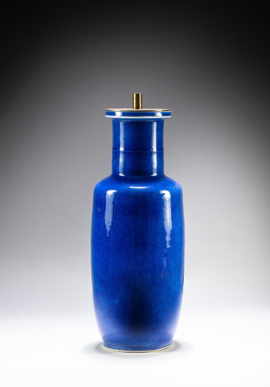 View full screen - View 1 of Lot 179. A powder-blue glazed rouleau vase, Qing dynasty, Kangxi period | 清康熙 灑藍釉棒槌瓶.