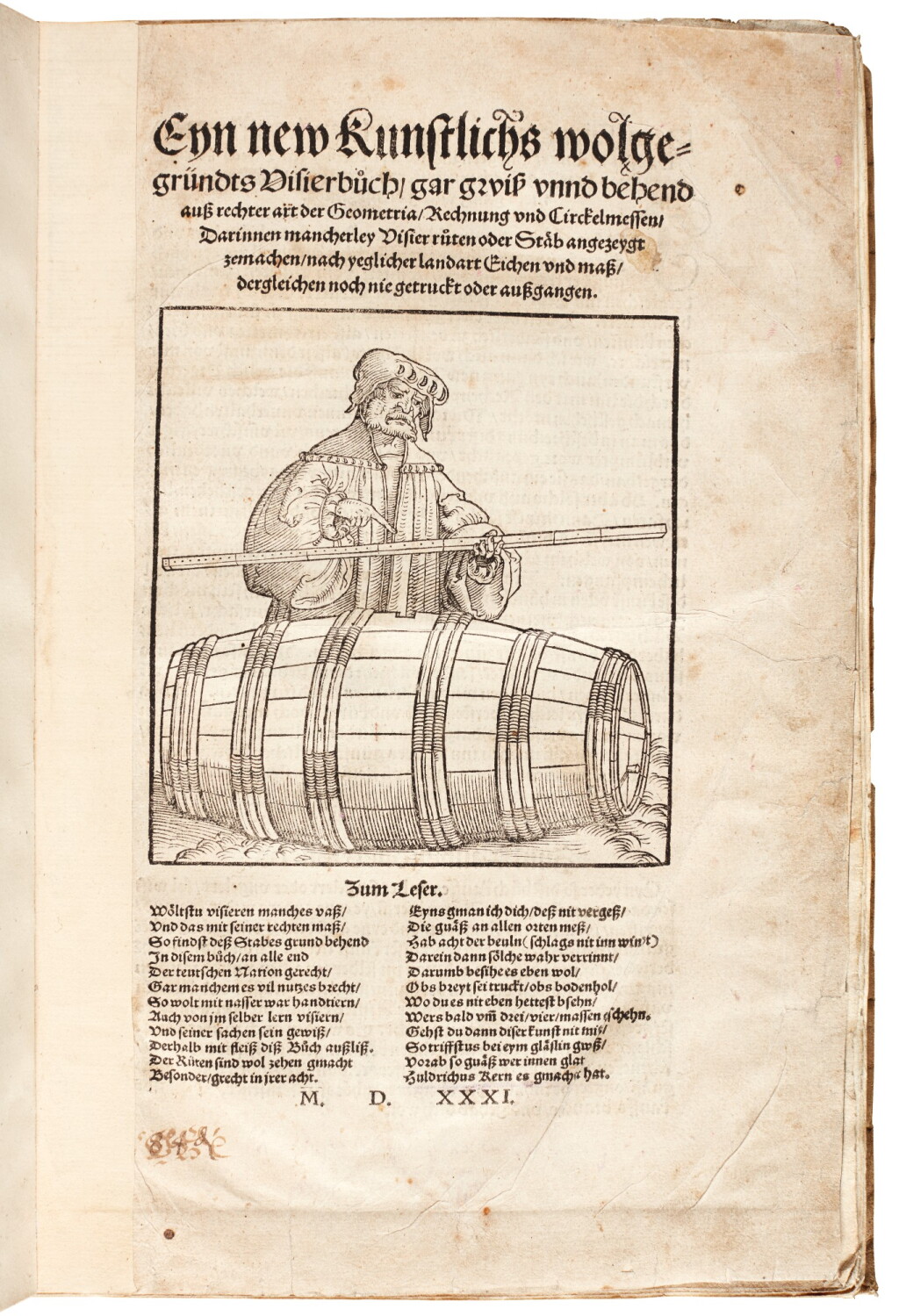 View full screen - View 1 of Lot 187. Kern, Eyn new kunstlichs wolgegründts Visierbuch, Strassburg, 1531.
