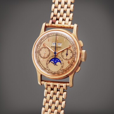 View full screen - View 1 of Lot 38. Reference 1518 | A pink gold perpetual calendar chronograph wristwatch with moon phases, Made in 1946.