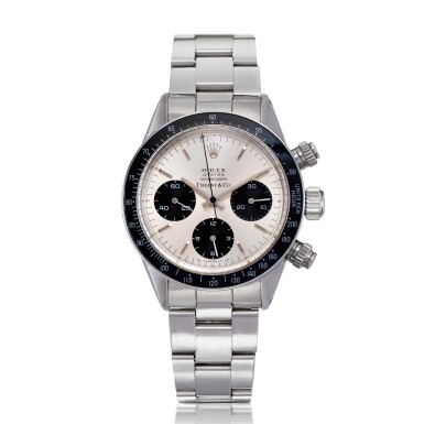 View full screen - View 1 of Lot 12. Reference 6240 'Sigma Dial' Daytona, A stainless steel chronograph wristwatch with bracelet, Circa 1965 勞力士 6240型號 'Sigma Dial' Daytona 精鋼計時鍊帶腕錶,約1965年製,零售商為蒂芙尼.