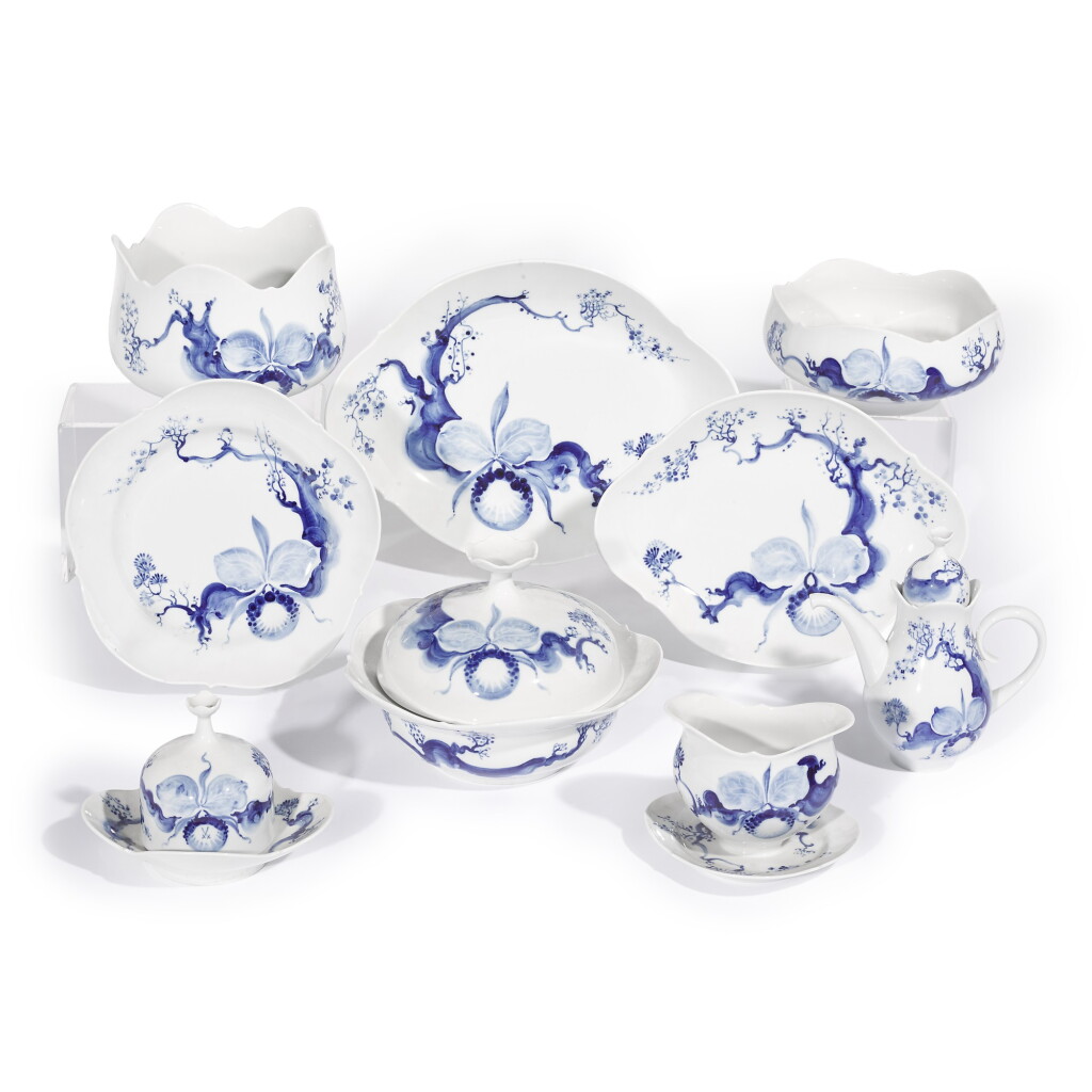 View full screen - View 1 of Lot 77. A Meissen blue and white orchid pattern part dinner service, 20th century.