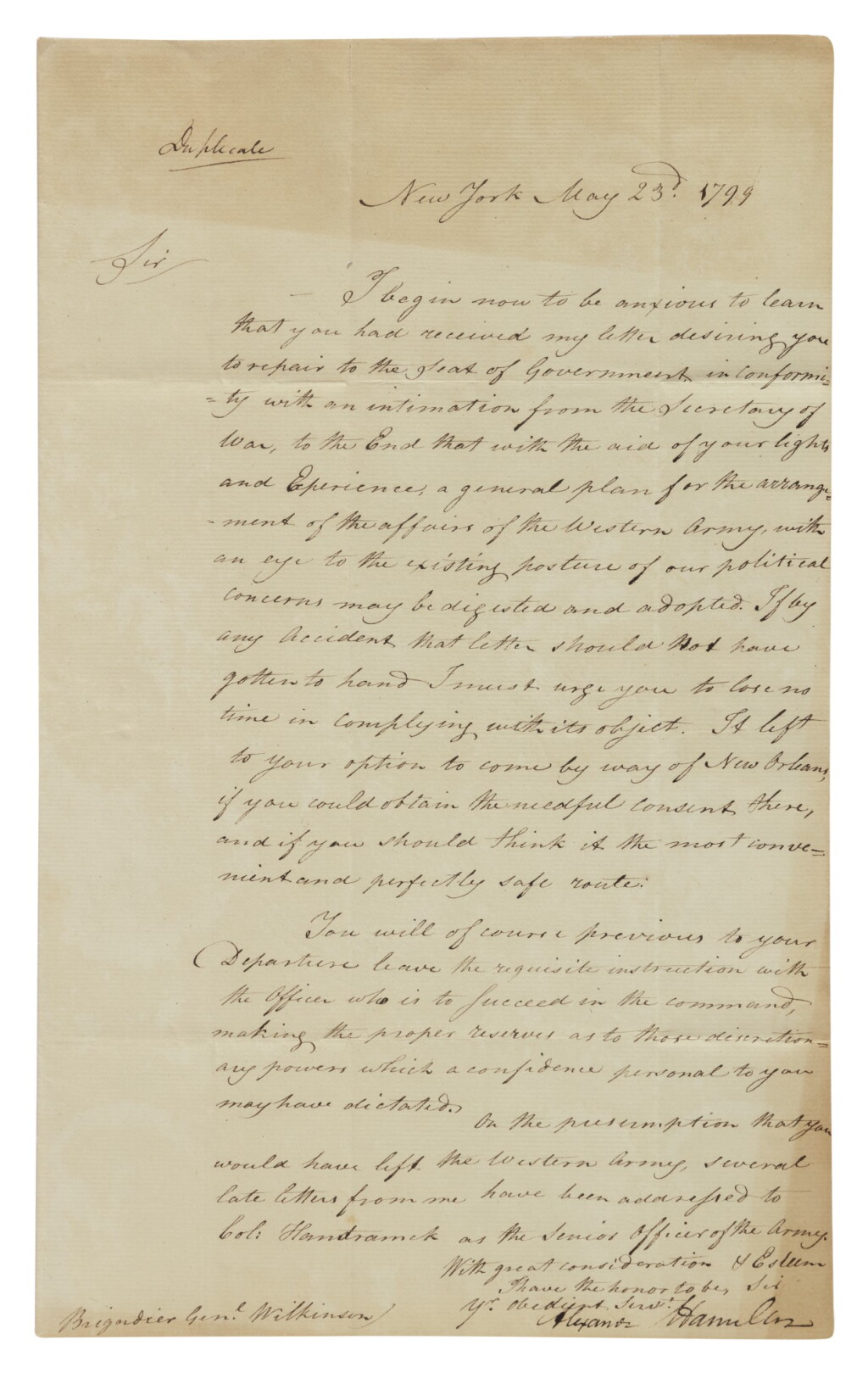 View full screen - View 1 of Lot 146. HAMILTON, ALEXANDER | Letter signed ("Alexander Hamilton"), to the Inspector General of the United States Army, Brigadier General James Wilkinson, during the Quasi-War crisis .