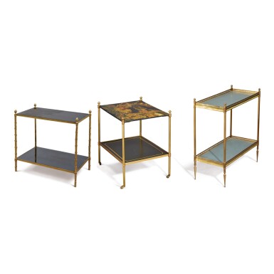 View full screen - View 1 of Lot 887. A JAPANNED AND GILT-BRASS TWO-TIER ÉTAGÈRE ALONG WITH A FRENCH GILT METAL AND MIRRORED GLASS TWO-TIER ÉTAGÈRE, THE LACQUER TOP LATE 19TH CENTURY; 20TH CENTURY.